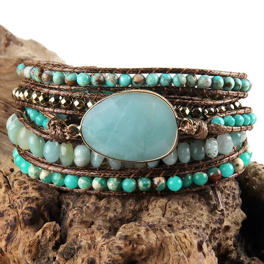 Handmade Natural Ocean Jasper Leather Wrap Bracelet