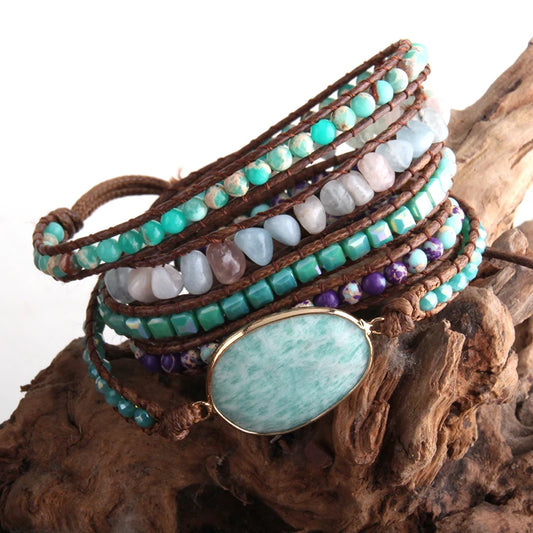 Handmade Natural Ocean Jasper Leather Wrap Bracelet